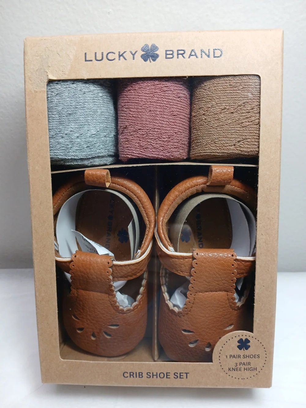Lucky Brand Brown Baby Crib Shoes with Pink and Gray Socks